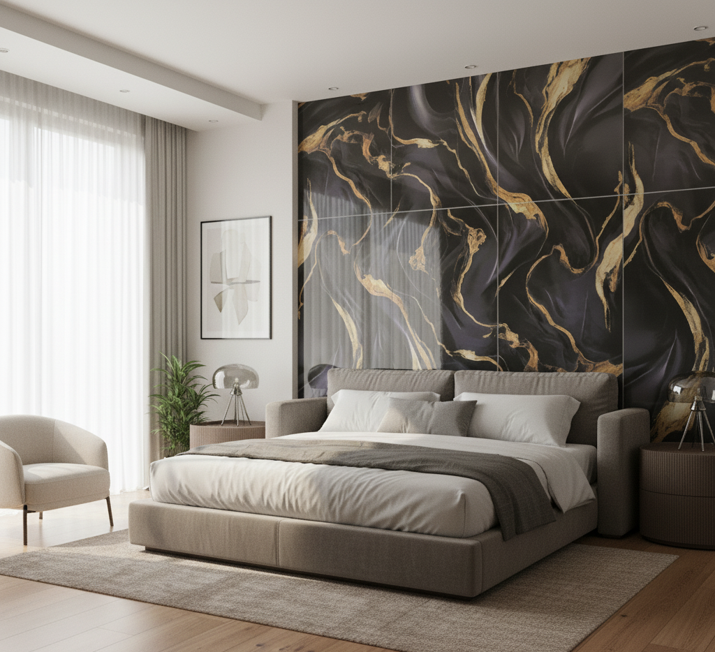 Panneau PVC marbre noir artistique or – brillant