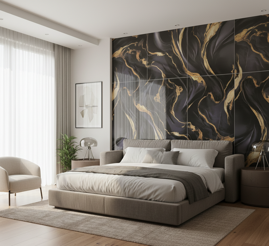 Panneau PVC marbre noir artistique or – brillant